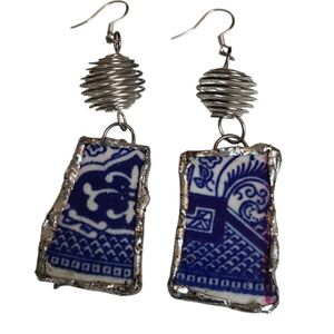 Broken China Blue Willow Ceramic Spiral Ball Cage Earring